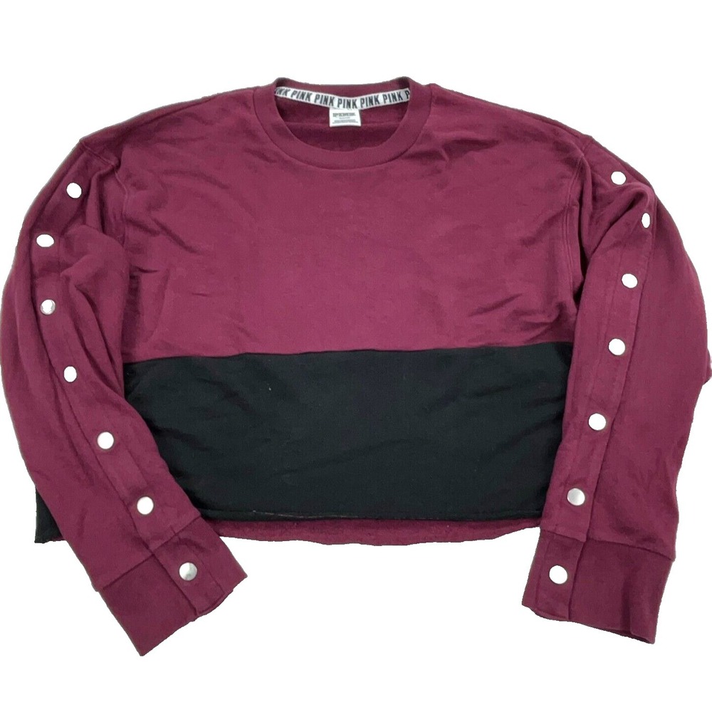 Victoria Secret Pink Sweatshirt Women Medium Maroon Black Sweater Crop Top Snaps